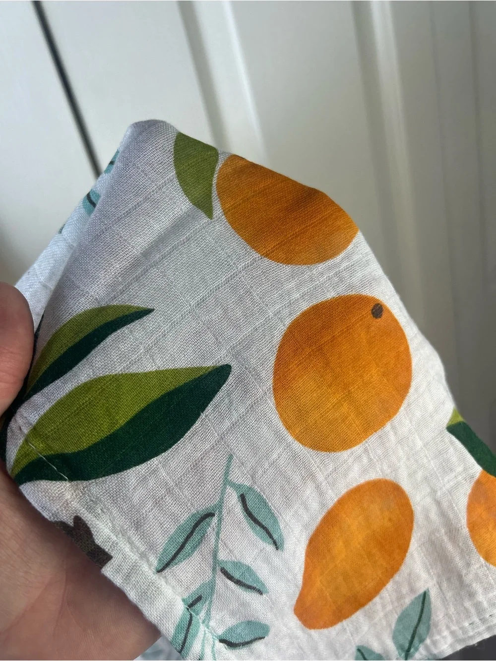 Oranges Baby Swaddle Blanket White Green Leaves Blue Muslin Citrus Fruit Leaf